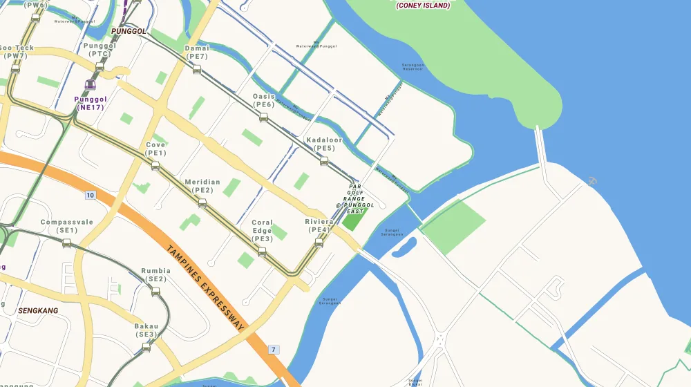 Map of the area around Riverparc Residence in Serangoon, showing 400 m and 1 km rings and 3 primary schools within 1 km