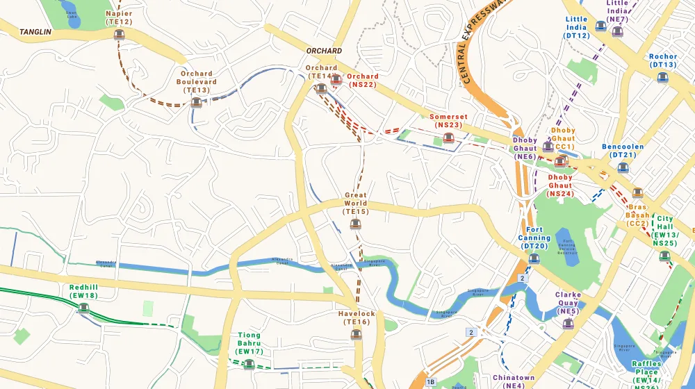 Map of the area around Rivershire in Orchard, showing 400 m and 1 km rings and 1 primary school within 1 km