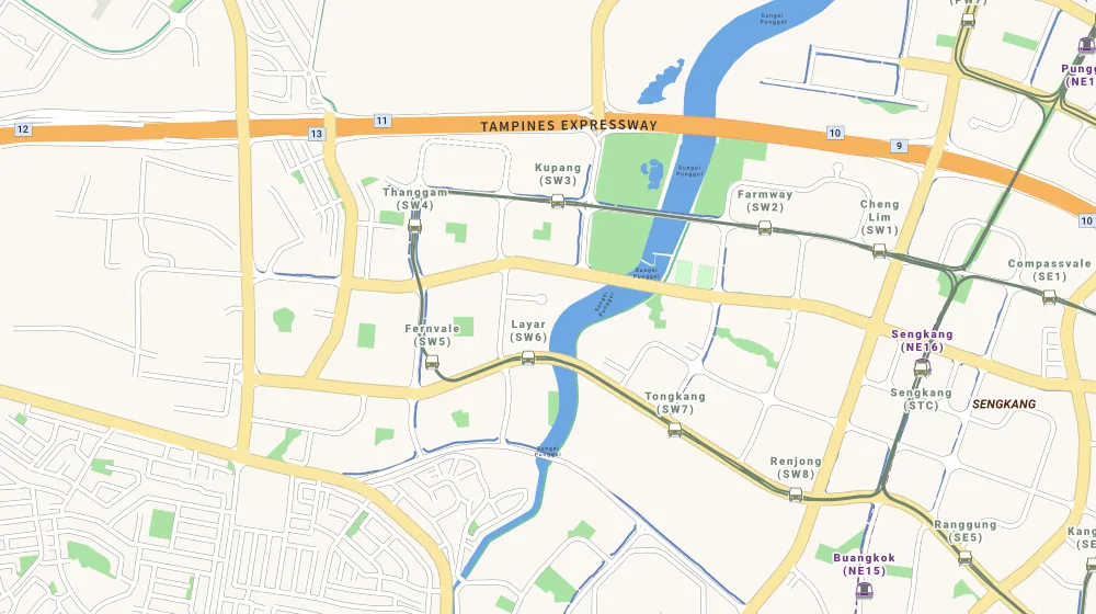 Map of the area around Rivertrees Residences in Seletar, showing 400 m and 1 km rings and 4 primary schools within 1 km