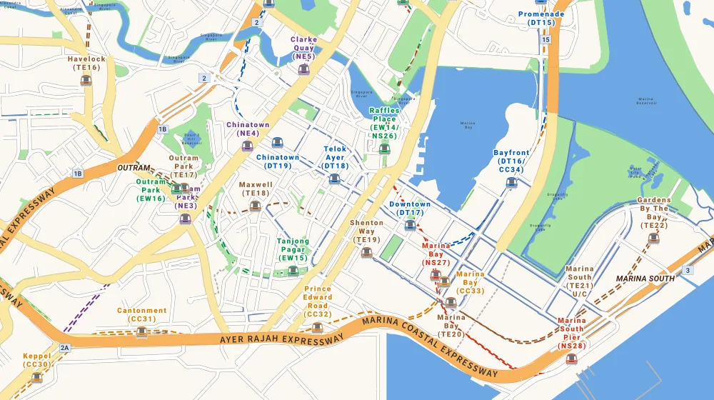 Map of the area around Robinson Suites in Raffles Place, showing 400 m and 1 km rings and 7 hawker centres within 1 km
