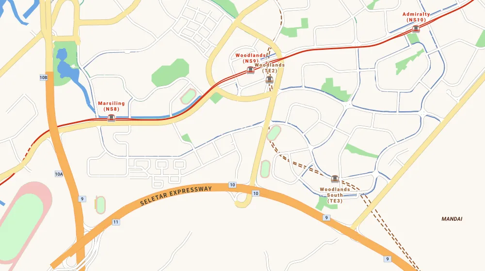 Map of the area around Rosewood in Kranji, showing 400 m and 1 km rings and 5 primary schools within 1 km