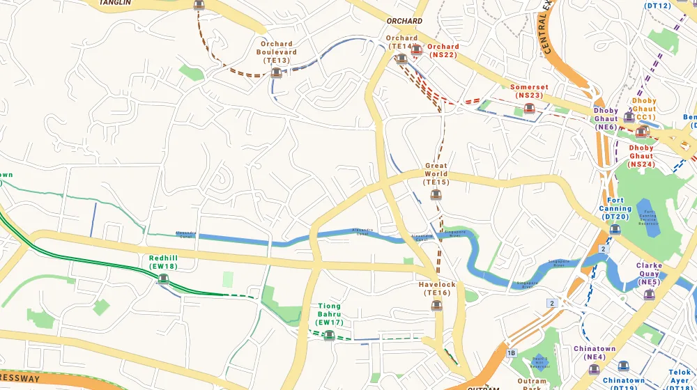 Map of the area around Rv Edge in Bukit Timah, showing 400 m and 1 km rings and 2 primary schools within 1 km