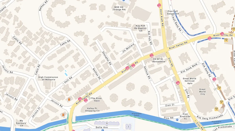 Location map of Rv Edge, an apartment in Bukit Timah, Singapore, with the nearest condos numbered
