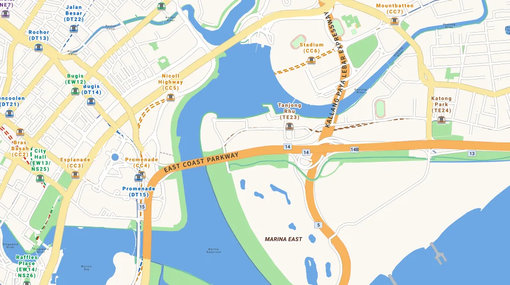 Map of the area around Sanctuary Green in East Coast, showing 400 m and 1 km rings and 3 supermarkets within 1 km