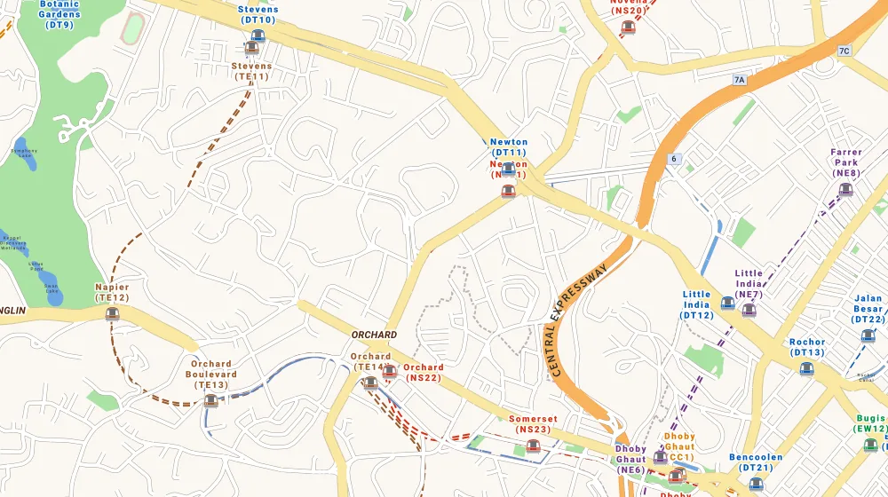 Map of the area around Scotts 28 in Orchard, showing 400 m and 1 km rings and 2 primary schools within 1 km