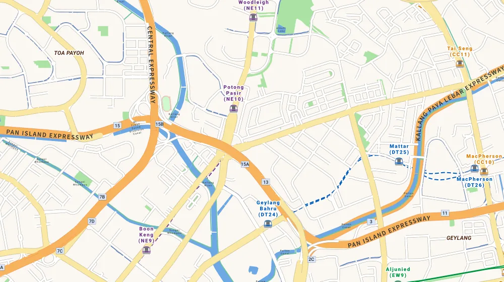 Map of the area around Sennett Estate in Macpherson, showing 400 m and 1 km rings and 3 primary schools within 1 km