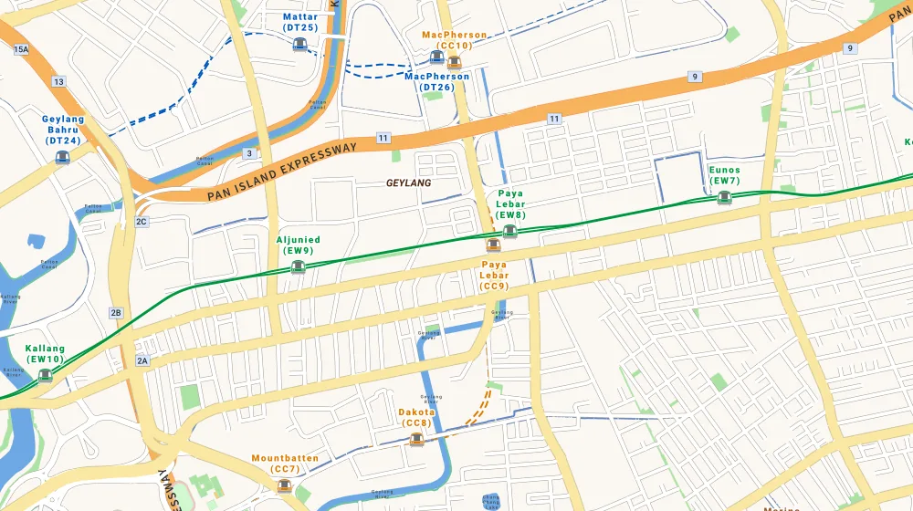 Map of the area around Simsville in Eunos, showing 400 m and 1 km rings and 2 primary schools within 1 km
