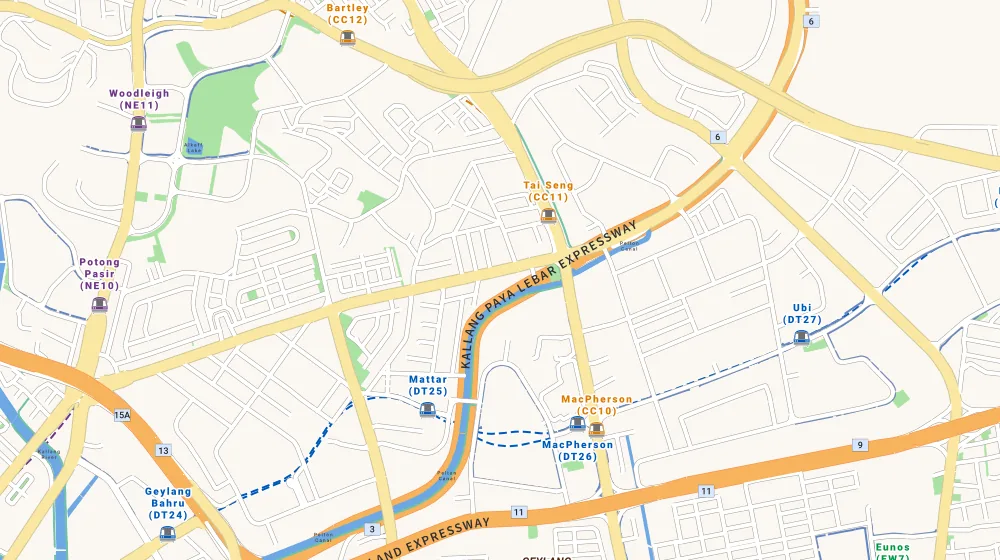 Map of the area around Sky Green in Macpherson, showing 400 m and 1 km rings and 1 primary school within 1 km