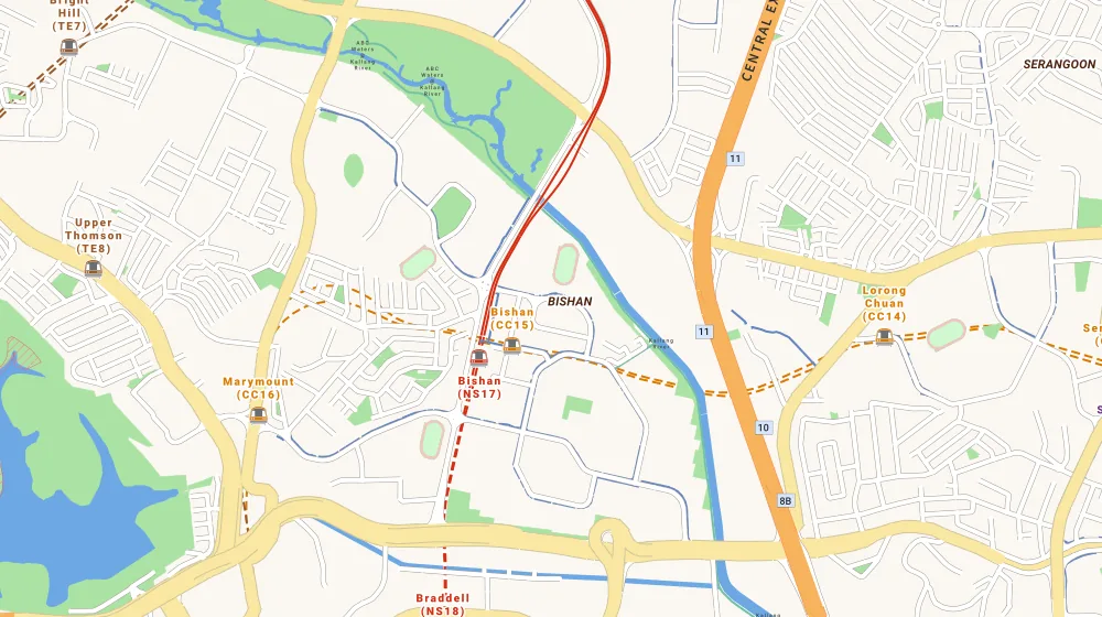Map of the area around Sky Vue in Bishan, showing 400 m and 1 km rings and 2 primary schools within 1 km