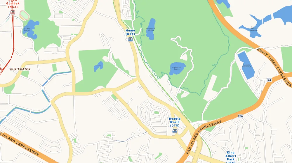 Map of the area around Springdale Condominium in Upper Bukit Timah, showing 400 m and 1 km rings and 1 hawker centre within 1 km