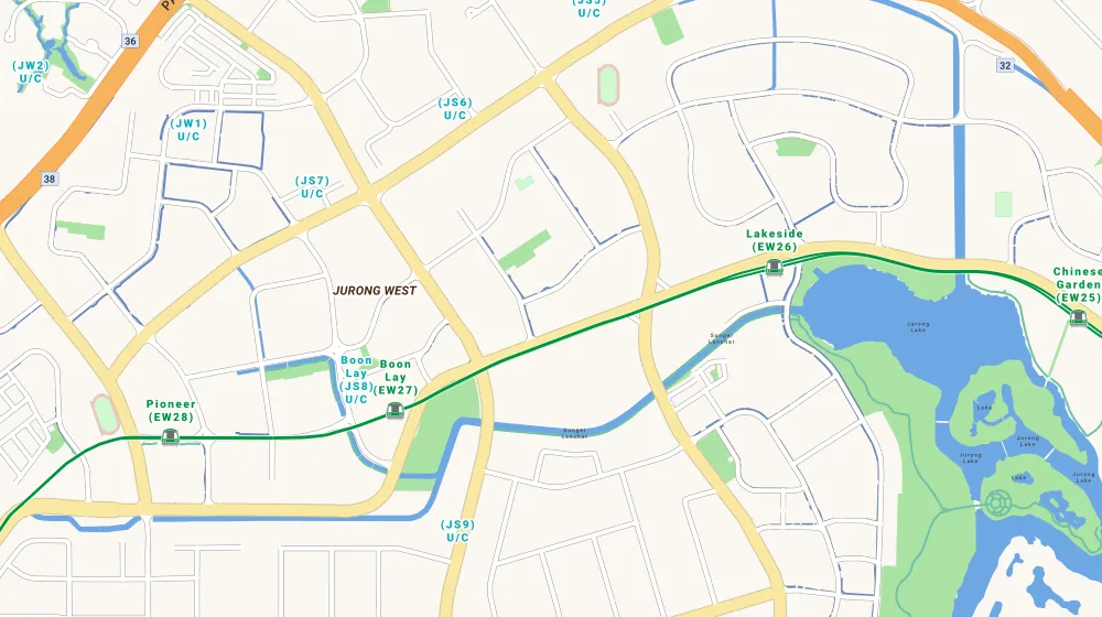 Map of the area around Summerdale in Jurong, showing 400 m and 1 km rings and 3 primary schools within 1 km