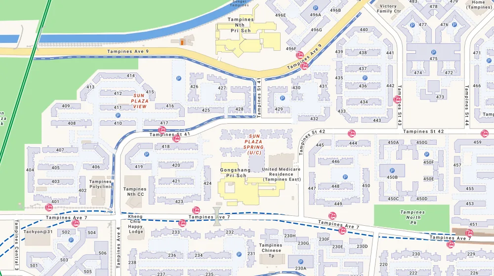 Location map of Sun Plaza Spring, a bto project in Tampines, Singapore