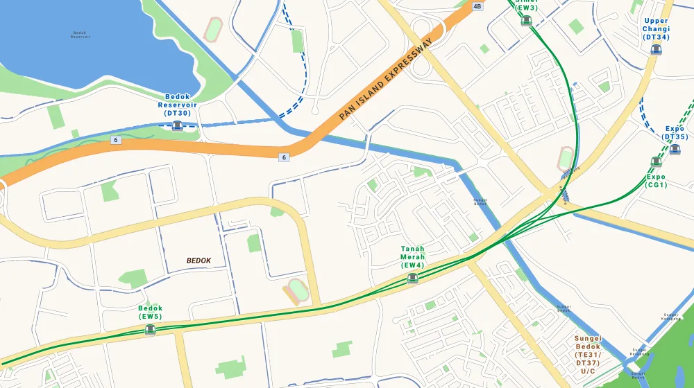 Map of the area around Tanamera Crest in Bedok, showing 400 m and 1 km rings and 2 primary schools within 1 km