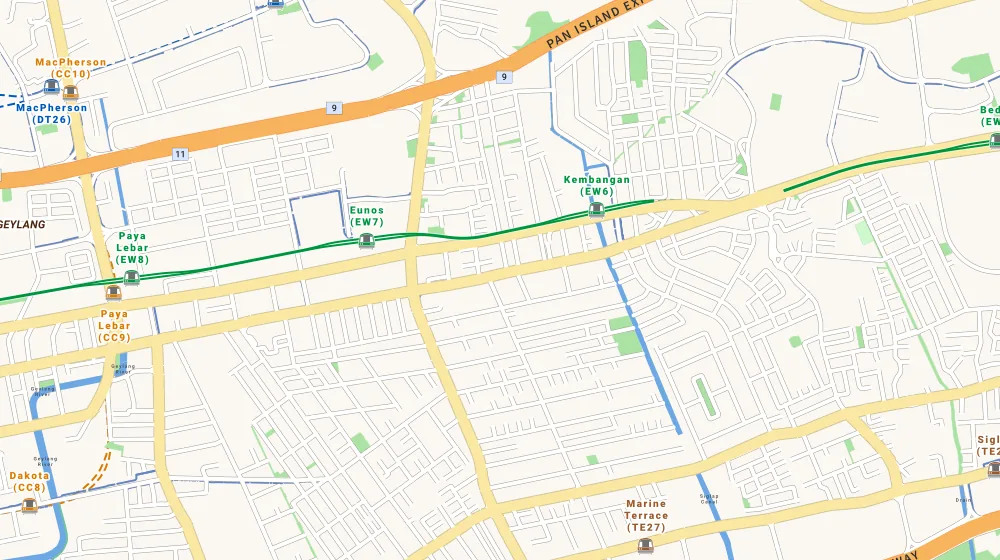 Map of the area around Tedge in Eunos, showing 400 m and 1 km rings and 2 primary schools within 1 km