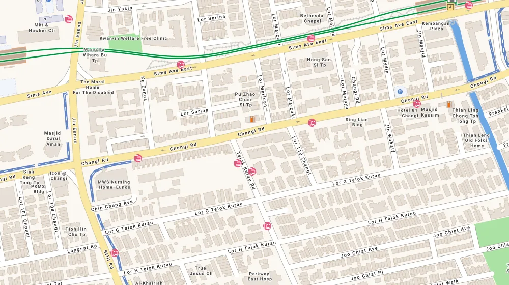Location map of Tedge, an apartment in Eunos, Singapore, with the nearest condos numbered