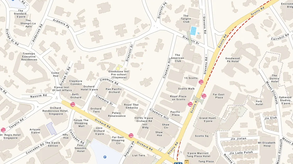 Location map of The Claymore, a condominium in Orchard, Singapore, with the nearest condos numbered
