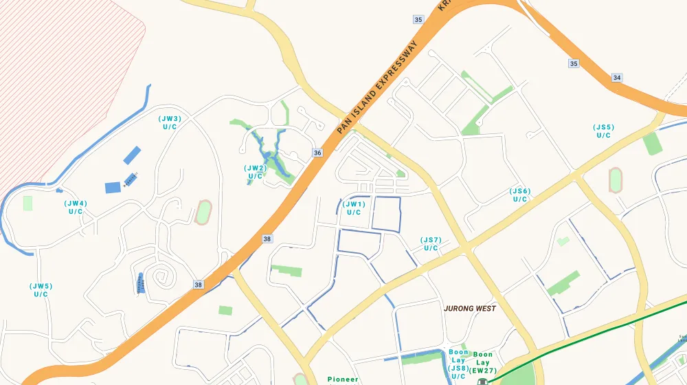 Map of the area around The Floravale in Jurong, showing 400 m and 1 km rings and 2 primary schools within 1 km