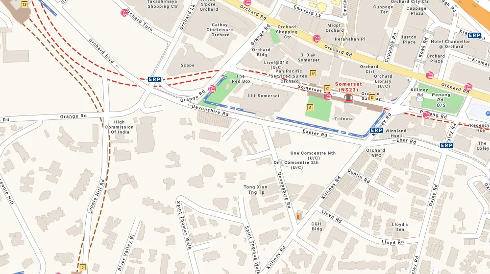 Location map of The Metz, a condominium in Orchard, Singapore, with the nearest condos numbered