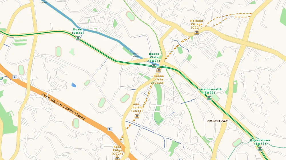 Map of the area around The Rochester Residences in Clementi, showing 400 m and 1 km rings and 1 primary school within 1 km