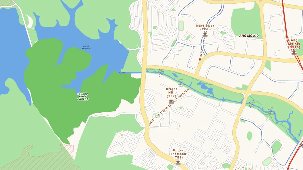 Map of the area around Thomson Grand in Bishan, showing 400 m and 1 km rings and 1 primary school within 1 km