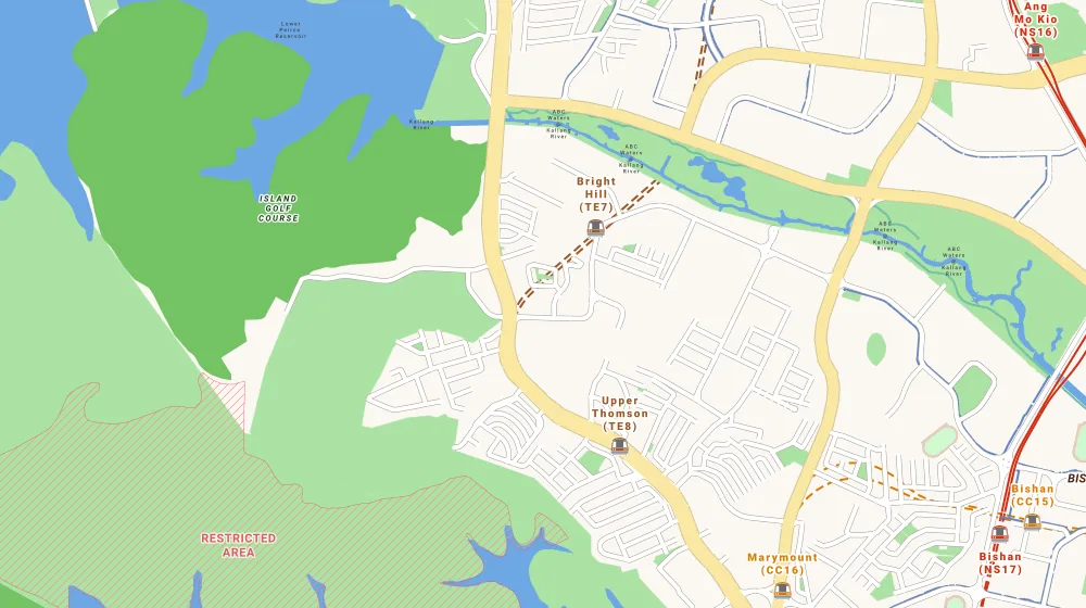 Map of the area around Thomson Impressions in Bishan, showing 400 m and 1 km rings and 1 primary school within 1 km