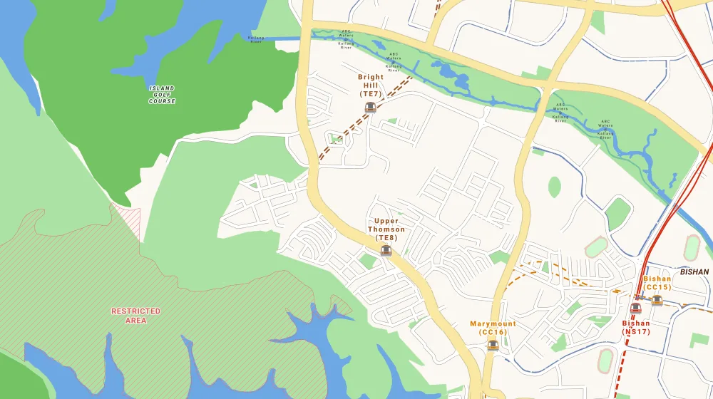 Map of the area around Thomson Three in Bishan, showing 400 m and 1 km rings and 1 primary school within 1 km