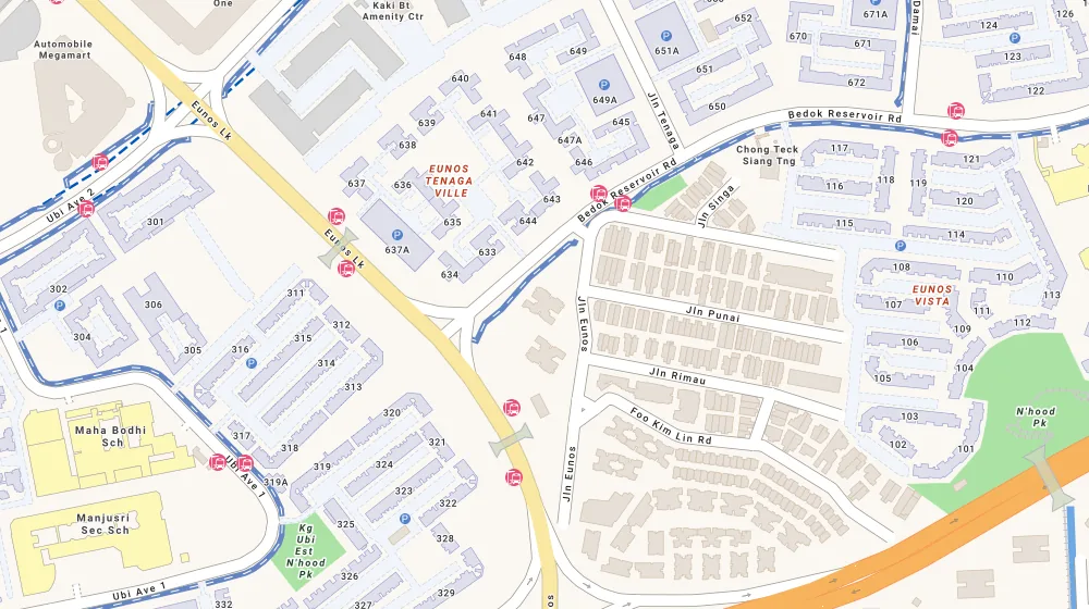 Location map of Urban Treasures, a condominium in Eunos, Singapore, with the nearest condos numbered
