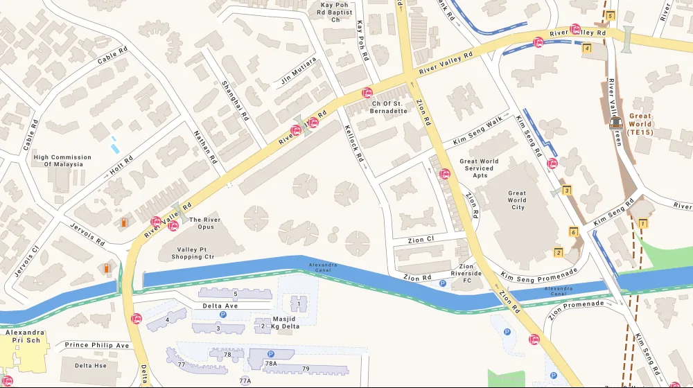 Location map of Valley Park, a condominium in Bukit Timah, Singapore, with the nearest condos numbered