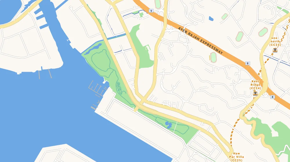 Map of the area around Varsity Park Condominium in Clementi, showing 400 m and 1 km rings and 3 supermarkets within 1 km