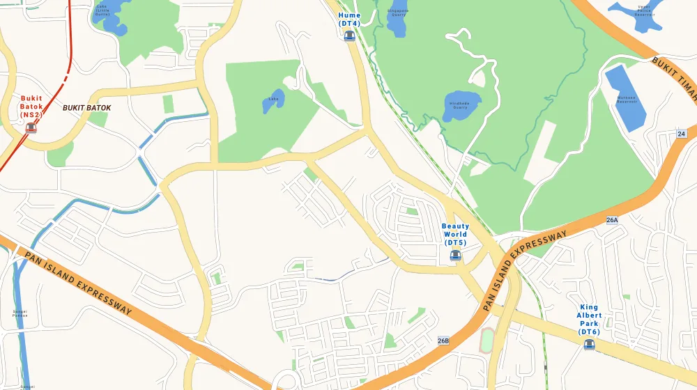 Map of the area around Verdale in Upper Bukit Timah, showing 400 m and 1 km rings and 1 primary school within 1 km