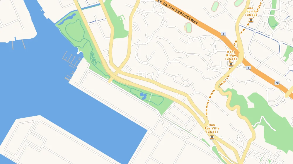 Map of the area around Villa De West in Clementi, showing 400 m and 1 km rings