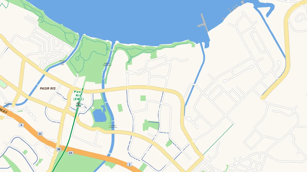 Map of the area around Watercolours in Tampines, showing 400 m and 1 km rings and 2 primary schools within 1 km