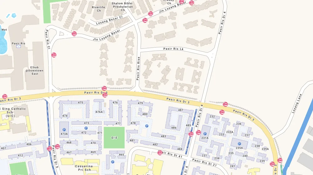 Location map of Watercolours, an executive condominium in Tampines, Singapore, with the nearest condos numbered