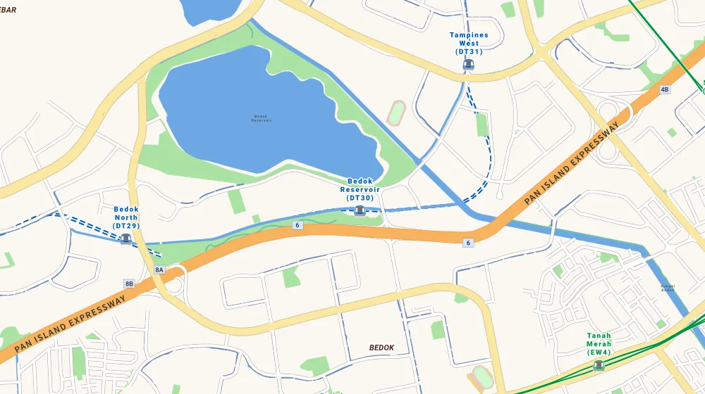 Map of the area around Waterfront Key in Bedok, showing 400 m and 1 km rings and 3 primary schools within 1 km