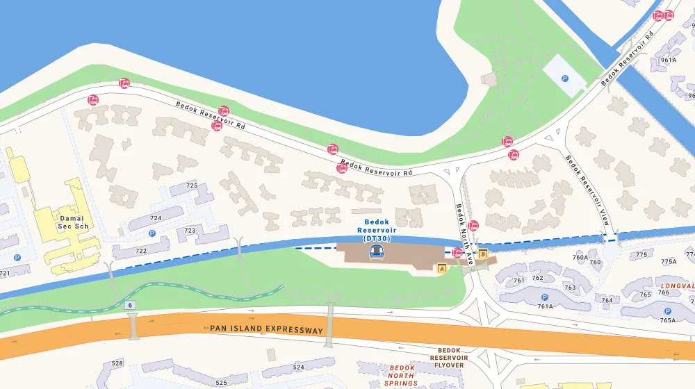 Location map of Waterfront Key, a condominium in Bedok, Singapore, with the nearest condos numbered