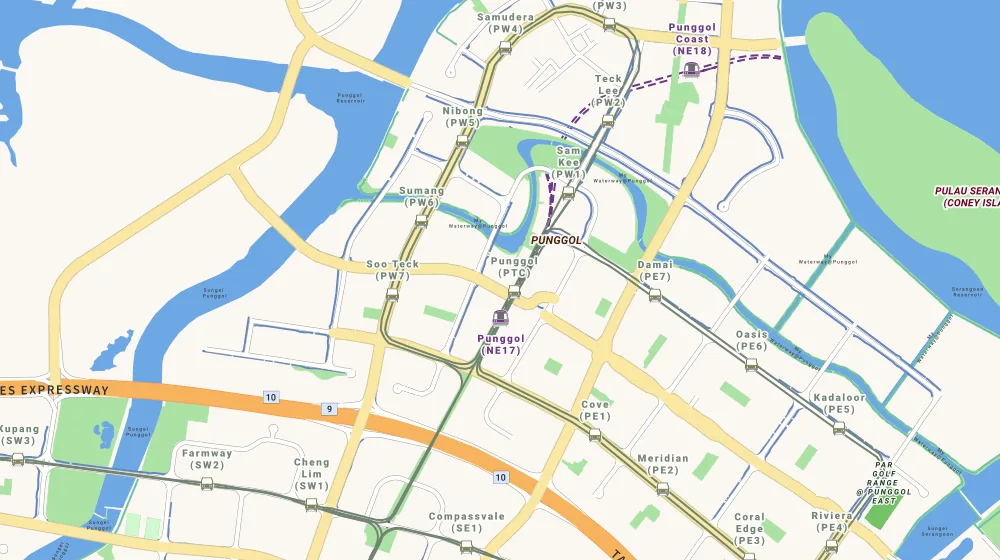 Map of the area around Watertown in Serangoon, showing 400 m and 1 km rings and 5 primary schools within 1 km