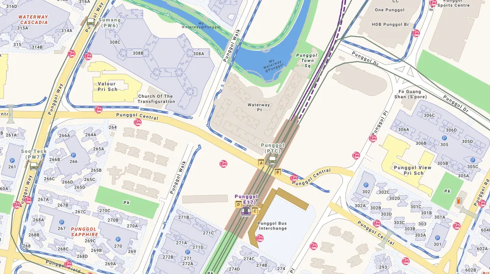 Location map of Watertown, an apartment in Serangoon, Singapore, with the nearest condos numbered