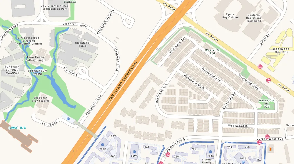 Location map of Westwood Residences, an executive condominium in Jurong, Singapore, with the nearest condos numbered