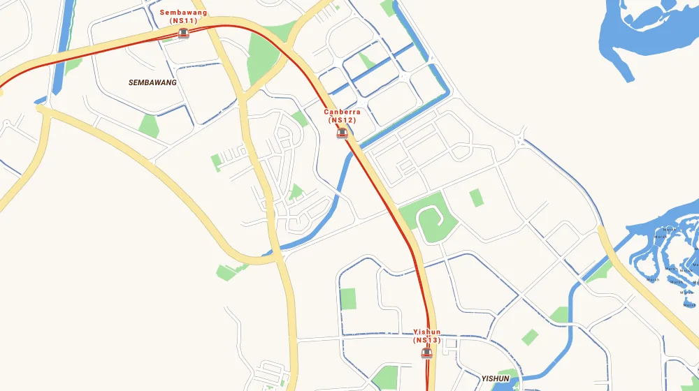 Map of the area around Yishun Emerald in Yishun, showing 400 m and 1 km rings and 2 primary schools within 1 km